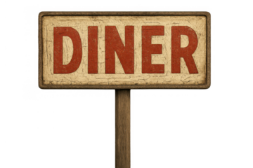 Vintage diner sign on a distressed wooden post, showing retro typography and texture, transparent background