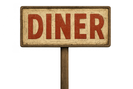 Vintage diner sign on a distressed wooden post, showing retro typography and texture, transparent background