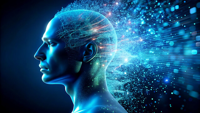 Human head profile with glowing particles representing artificial intelligence and the future of technology on a dark background