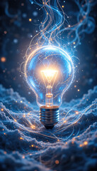 Illuminating light bulb with ethereal energy abstract background digital art conceptual close-up creativity