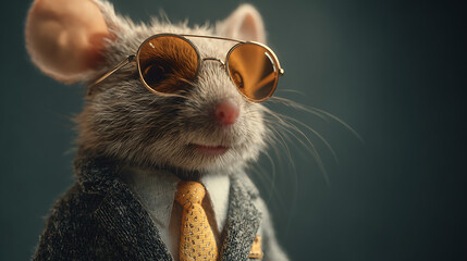 Anthropomorphic mouse in a gray blazer and orange tie poses with sunglasses against a dark backdrop