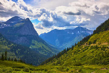 Mountain Peaks Valley and Lush Green Forest Landscape in Summer