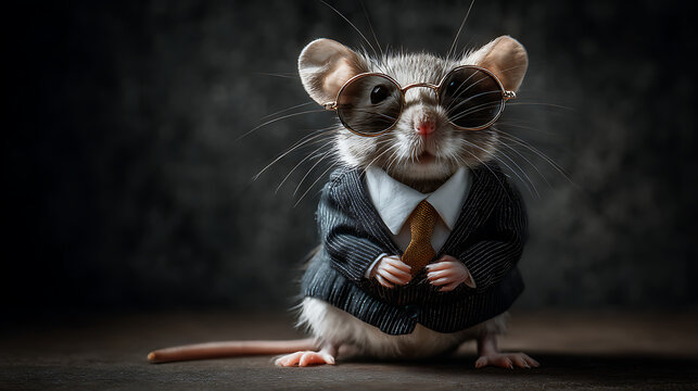 A dressed-up mouse in a tiny suit and tie, wearing sunglasses, posed on a dark wooden stage. Stylish - Powered by Adobe