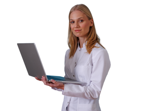 Woman doctor or scientist holding laptop, looking at camera, standing with lab coat, transparent background