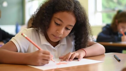 A young student focused on drawing with a red pencil on white paper at a light wooden desk in a bright classroom. Other students and a green chalkboard visible. - Powered by Adobe