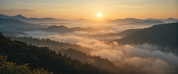 Captivating sunrise over misty mountains nature landscape photography tranquil setting panoramic view
