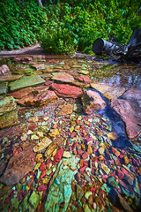 Colorful River Rocks and Clear Water with Lush Greenery in Forest Setting