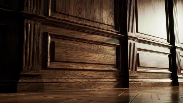 Detailed close up of a brown wooden wall and floor featuring ornate molding and dramatic lighting. The texture and grain of the wood provide a rich, classic interior design element.