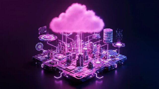 A digital cityscape rests on a circuit board base under a glowing pink cloud, illuminated in neon lights. Futuristic metropolis concept of data transmission and technology.