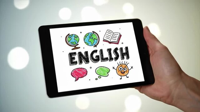 A digital tablet shows animated English learning icons, including globes and books, set against a blurred background with bokeh circles and a hand holding it.