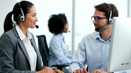Diverse team in a call center providing customer support at computers in a bright, modern office setting. Focus on communication, technology and professional expertise. - Powered by Adobe