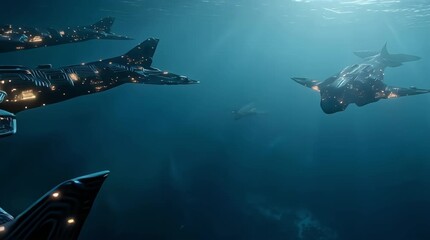 Majestic biomechanical whales with illuminated circuit patterns glide through the deep, sunlit ocean - Powered by Adobe