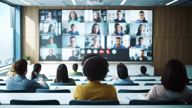 Wide shot showing a virtual meeting on a big screen, attended by a diverse group in a modern classroom, engaging in a digital conference with a focus on collaboration. - Powered by Adobe