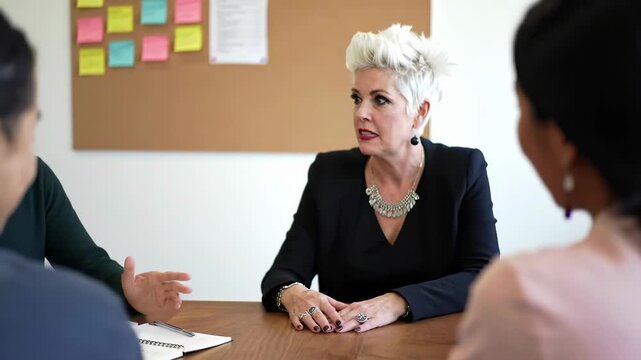A diverse group gathers around a wooden table in an office setting for a business meeting. A blond haired woman in a black blazer is the center of attention. A corkboard is in the background