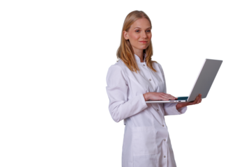 Healthcare professional wearing a lab coat and using a laptop, representing modern medical technology and digital innovation, transparent background