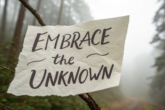 Sign with Embrace the Unknown message displayed on branch in mist