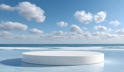 White podium stands on calm water surface with ocean horizon and fluffy clouds creating serene and minimalist scene, perfect for showcasing product or concept.