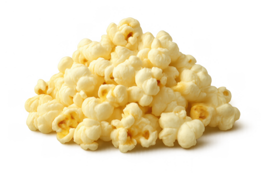 Pile of fresh popped popcorn, delicious snack for movie night, party, or enjoying at home with transparent background