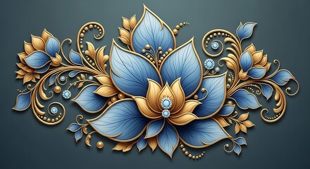 Elegant Blue and Gold Floral Ornament with Pearl Accents.