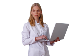Female doctor or medical professional wearing lab coat, using a laptop, looking away, planning healthcare work on transparent background