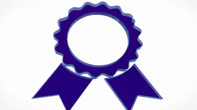 Elegant glossy blue ribbon award with intricate details, set against a clean white background. The modern render showcases achievement, success, and quality.