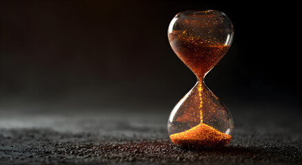 Hourglass measures time passing with golden sand on dark surface, symbolizing deadlines and the fleeting nature of life in a dramatic and suspenseful mood.