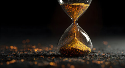 Hourglass measures time passing with golden sand flowing through the narrow passage on dark surface, symbolizing urgency and the ephemeral nature of life.