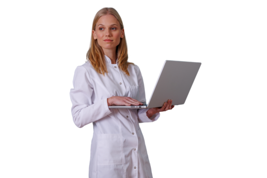 Female doctor or scientist working on laptop, researching medical data, using health technology, transparent background - Powered by Adobe