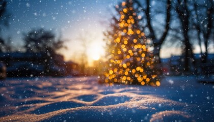 A beautiful outdoor Christmas tree illuminated with warm lights, surrounded by falling snow during a winter evening.