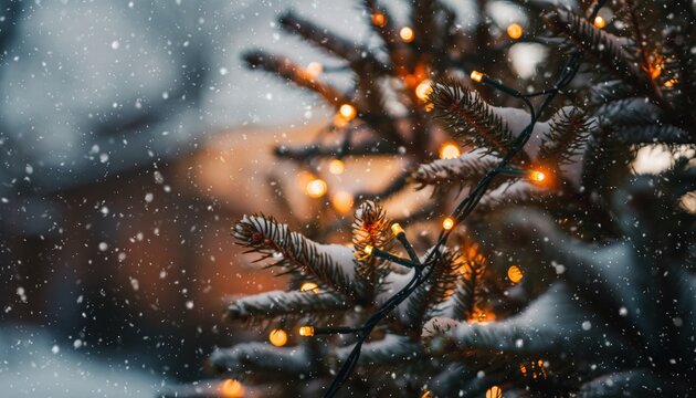Close-up of a snow-covered evergreen tree branch adorned with warm, glowing fairy lights during a snowfall. - Powered by Adobe
