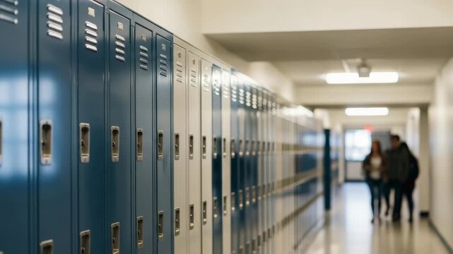 A row of school lockers in a long hallway. Blurred students walking in the background. Education and student life concept