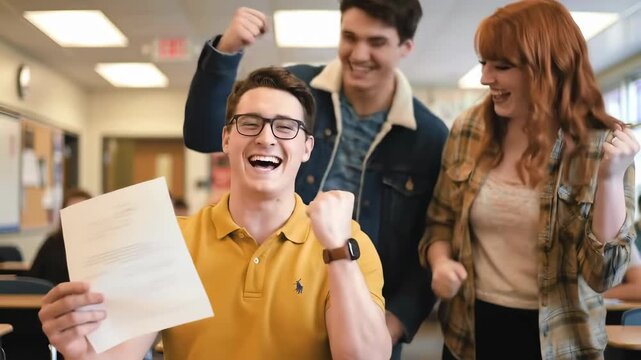 Enthusiastic students celebrate exam results in a classroom. Focus on the student holding the test paper, joyful and full of success and accomplishment. - Powered by Adobe