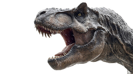 A realistic Tyrannosaurus rex head with wide open jaw showing sharp teeth on white backgroundcloseup