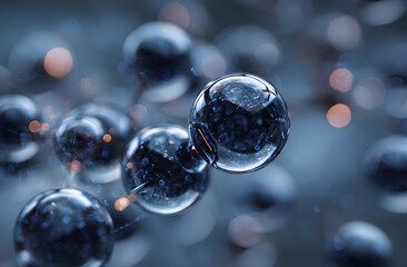 Abstract spheres floating in a blue liquid with bokeh lights create a mesmerizing and ethereal scene, evoking a sense of wonder and tranquility.