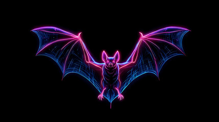 Neon bat silhouette glows with electric blue and magenta wings soaring against black backdrop. dusk
