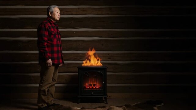 Elderly Asian man standing by a flickering fire in a rustic log cabin. Senior person warming up by a heater on a cold night. Solitude and contemplation concept