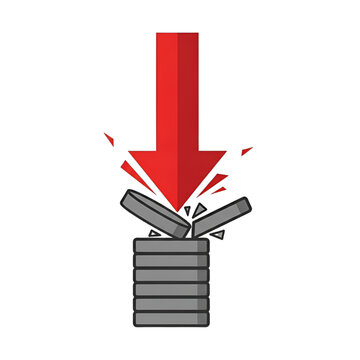 Powerful red arrow crashing through gray coins, symbolizing price drops, sales, discounts, and financial downturns. Ideal for Black Friday, Cyber Monday, clearance events, or economic news.