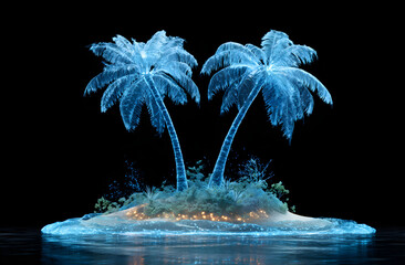 Glowing palm trees stand on small island surrounded by water at night, creating magical and serene tropical scene.