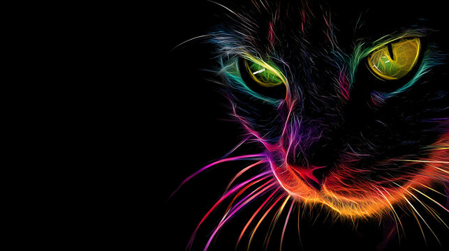 Dark feline portrait glows with neon rainbow whiskers and radiant yellow-green eyes, surreal. vivid