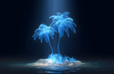 Glowing palm trees stand on small island surrounded by water under a spotlight in a surreal and dreamy scene, creating a tranquil and magical atmosphere.