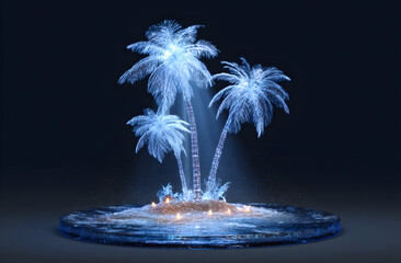 Glowing holographic palm trees stand on small island surrounded by water in futuristic and ethereal scene, creating a serene atmosphere.