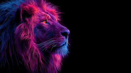Vibrant neon lion portrait with magenta, purple, and cyan fur against a stark black background. vibe