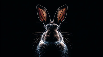 Close-up of a rabbit facing the camera against a black background, ears upright, dramatic lighting!!