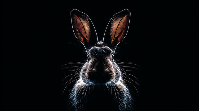 Close-up of a rabbit facing the camera against a black background, ears upright, dramatic lighting!!