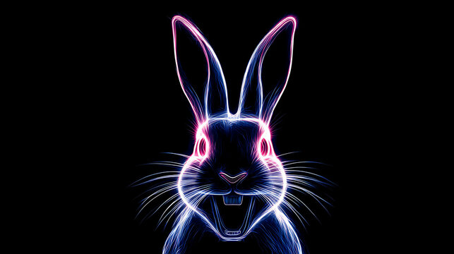 Neon rabbit head glows in electric blue and pink on black, with luminous, wispy fur lines. Soft glow