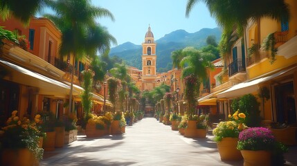 Fototapeta premium Sunny Mediterranean town street, pastel buildings, lush landscaping