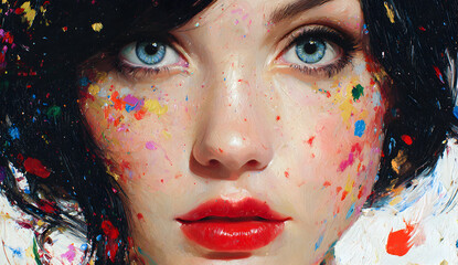 Woman with bright blue eyes and red lips covered in colorful paint splatters, expressing artistic creativity and vibrant expression.