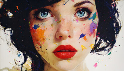 Woman with colorful paint splatters on her face stares intently at the viewer in a closeup shot, conveying a sense of artistic expression and bold beauty.