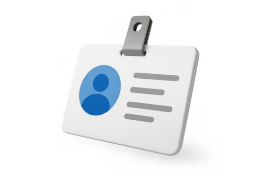 Employee identification card with profile icon and personal data for access control and security, transparent background