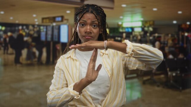 African american woman making a timeout hand gesture in an airport terminal near seating and departures screens; frustration travel boundary.